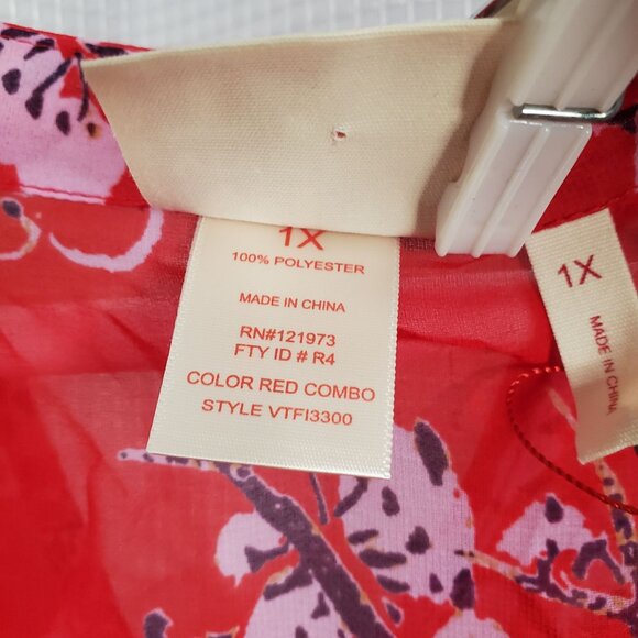 Vivienne Tam NWT Size 1X Blouse Semi Sheer Popover Cover-up Flutter Floral Red - Picture 5 of 12